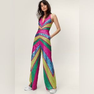 NWT - Nasty Gal - Sequin Colorblock Plunge Wide Leg Jumpsuit